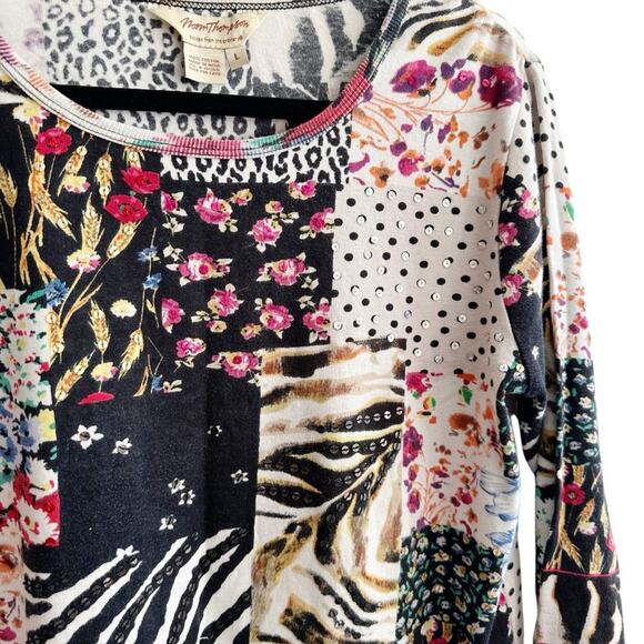 Norm Thompson Colorful Funky Art Patchwork Patterns 3/4 Top Large - Picture 2 of 4